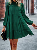 Momentlover Tied Split-Joint Solid Color Pleated Elasticity Long Sleeves High Waisted Mock Neck Mini Dresses