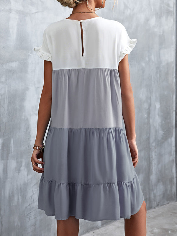 Momentlover Split-Joint Pleated Falbala Contrast Color Ruffle Sleeves Loose Round-Neck Mini Dresses