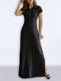 Momentlover Split-side Pockets Buttoned Short Sleeves Plus Size Lapel Maxi Dresses
