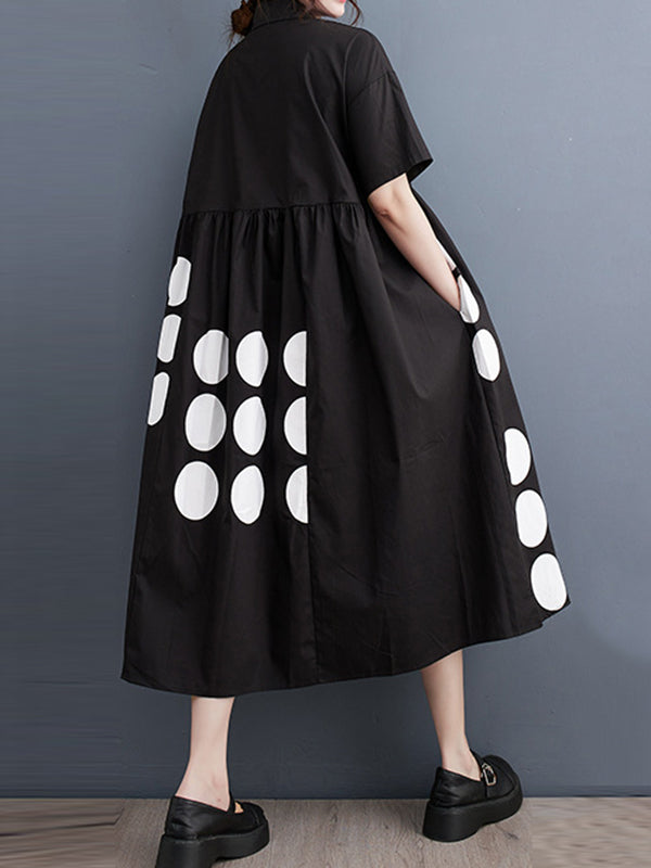 Momentlover Printed Polka Dot Pockets Buttoned Short Sleeves Loose Lapel Midi Dresses