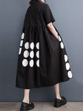 Momentlover Printed Polka Dot Pockets Buttoned Short Sleeves Loose Lapel Midi Dresses
