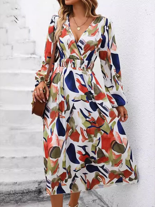 Momentlover Split-Joint Printed Elasticity Puff Sleeves Loose Deep V-Neck Midi Dresses
