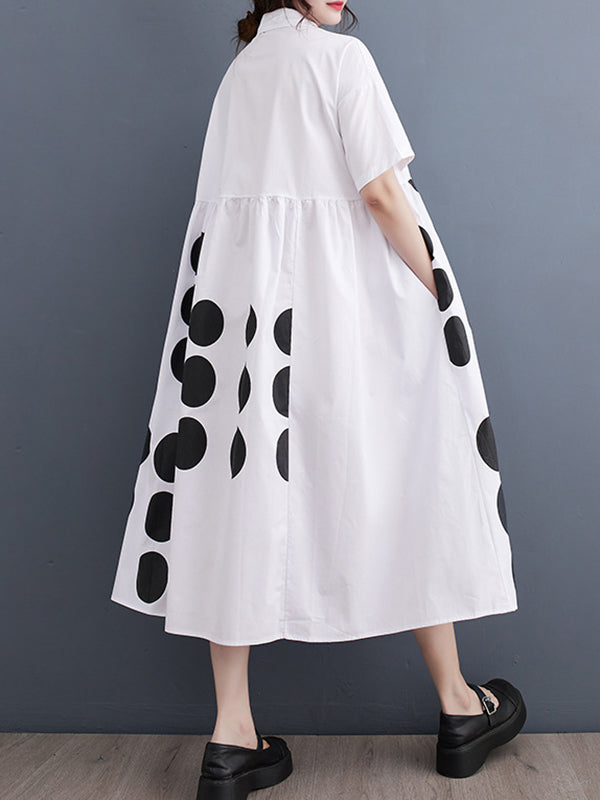 Momentlover Printed Polka Dot Pockets Buttoned Short Sleeves Loose Lapel Midi Dresses