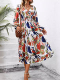 Momentlover Split-Joint Printed Elasticity Puff Sleeves Loose Deep V-Neck Midi Dresses