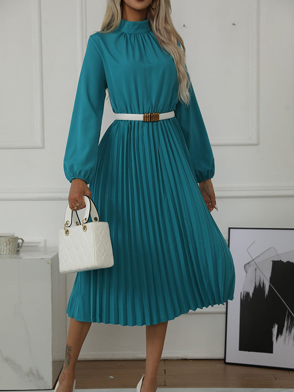 Momentlover Solid Color Pleated No Belt Hollow Elasticity Buttoned Puff Sleeves Loose High Neck Midi Dresses