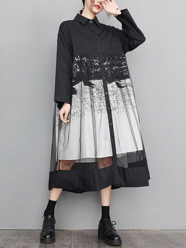 Momentlover Split-Joint Printed Gauze Buttoned Loose Long Sleeves Lapel Midi Dresses