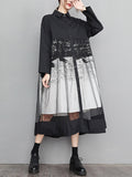 Momentlover Split-Joint Printed Gauze Buttoned Loose Long Sleeves Lapel Midi Dresses