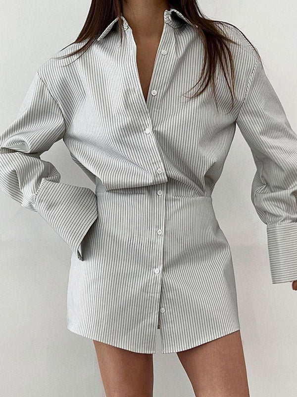 Momentlover Striped Buttoned Loose Long Sleeves Lapel Shirt Dress Mini Dresses