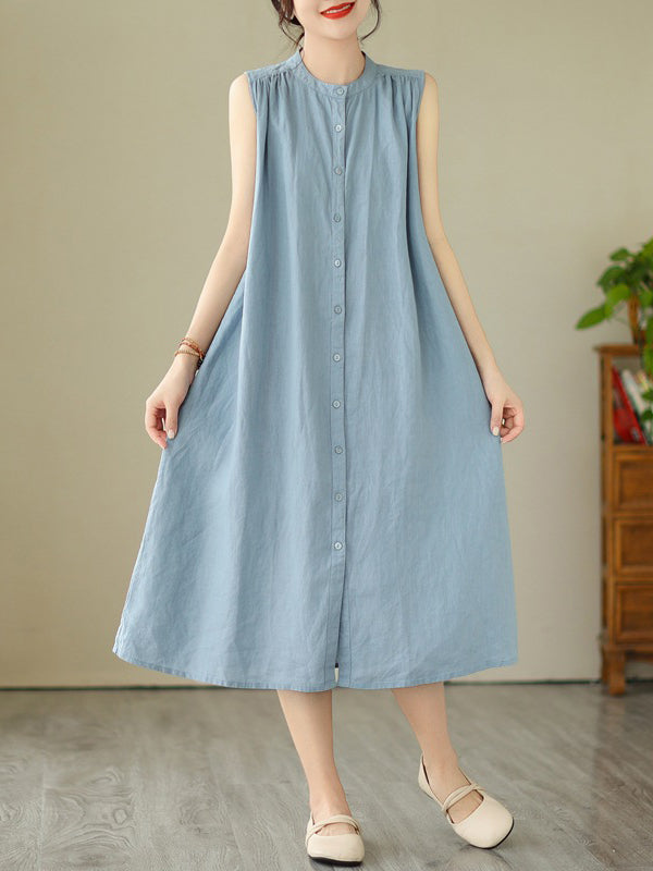 Momentlover Solid Color Pleated Buttoned Sleeveless A-Line Round-Neck Midi Dresses