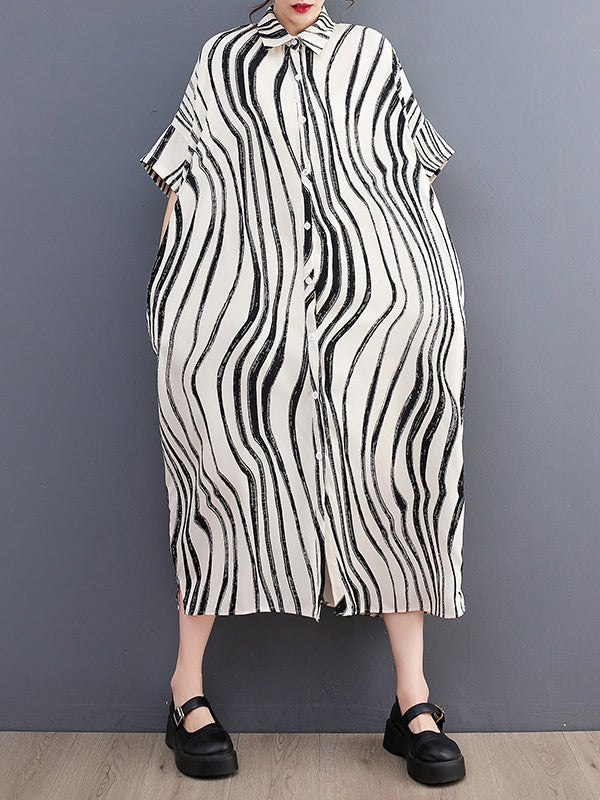Momentlover Raglan Sleeve Oversize Zebra-Stripe Split-Joint Lapel Midi Dresses Shirt Dress