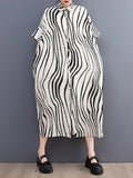Momentlover Raglan Sleeve Oversize Zebra-Stripe Split-Joint Lapel Midi Dresses Shirt Dress