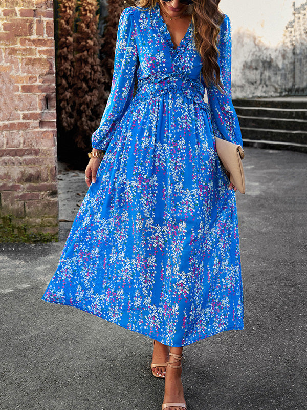 Momentlover Split-Joint Ruffled Flower Print Loose Long Sleeves Deep V-Neck Maxi Dresses