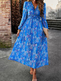Momentlover Split-Joint Ruffled Flower Print Loose Long Sleeves Deep V-Neck Maxi Dresses