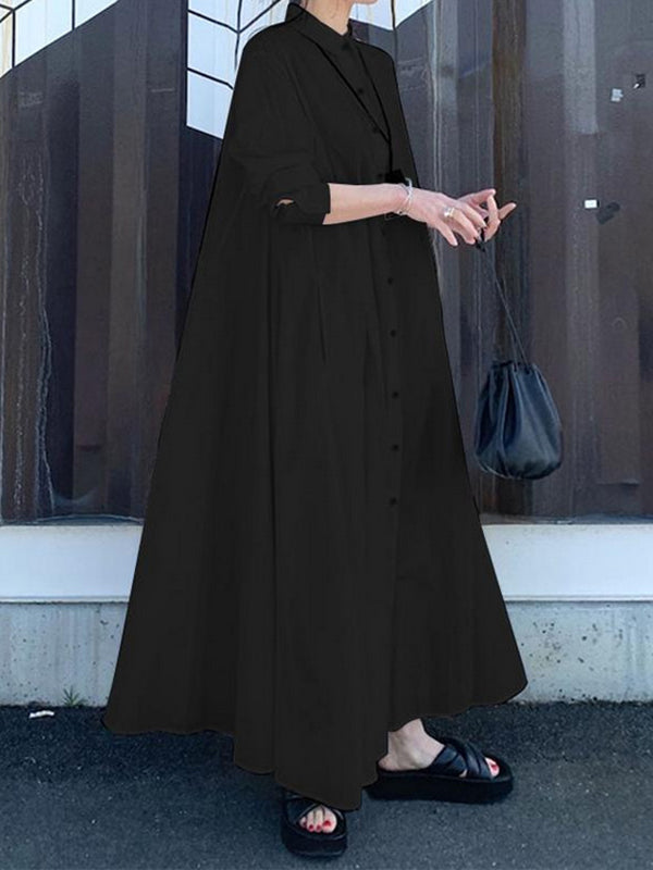 Momentlover Solid Color Loose Long Sleeves Lapel Shirt Dress Maxi Dresses