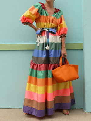 Momentlover Puff Sleeves Belted Multi-Colored Split-Joint Striped V-Neck Maxi Dresses
