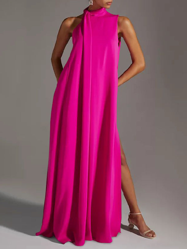 Momentlover Sleeveless Solid Color Split-Side Round-Neck Maxi Dresses