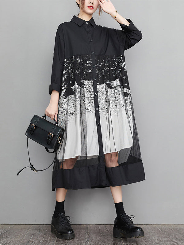Momentlover Split-Joint Printed Gauze Buttoned Loose Long Sleeves Lapel Midi Dresses
