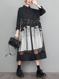 Momentlover Split-Joint Printed Gauze Buttoned Loose Long Sleeves Lapel Midi Dresses