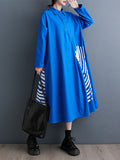 Momentlover Split-Joint Printed Pleated Buttoned Asymmetric Loose Long Sleeves Lapel Shirt Dress Midi Dresses