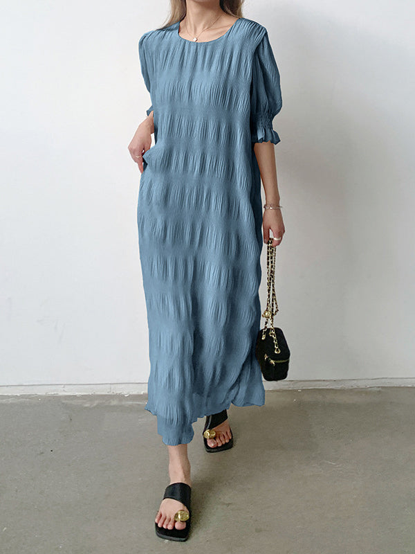 Momentlover Solid Color Pleated Loose Half Sleeves Round-Neck Midi Dresses
