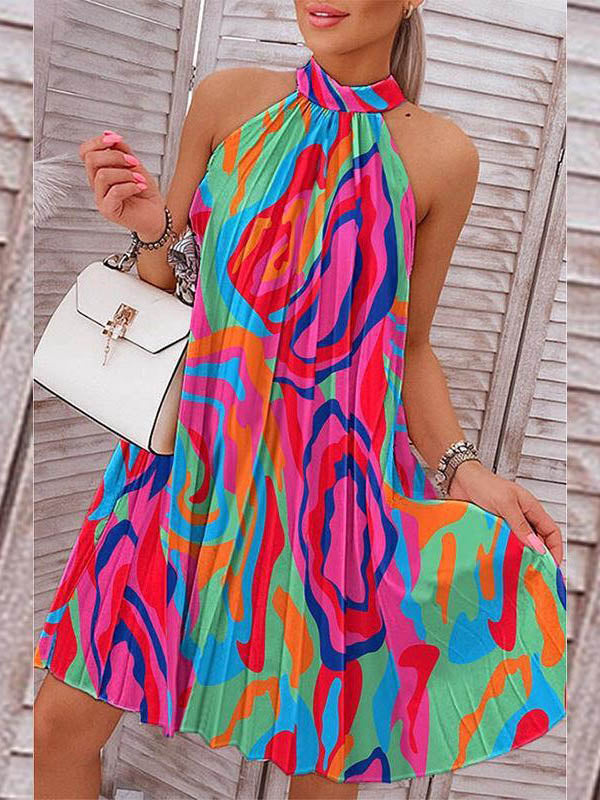 Momentlover Loose Plus Size Pleated Printed Halter-Neck Mini Dresses Short Dresses