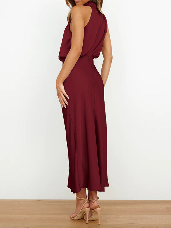 Momentlover Solid Color Sleeveless Halter-Neck Midi Dresses