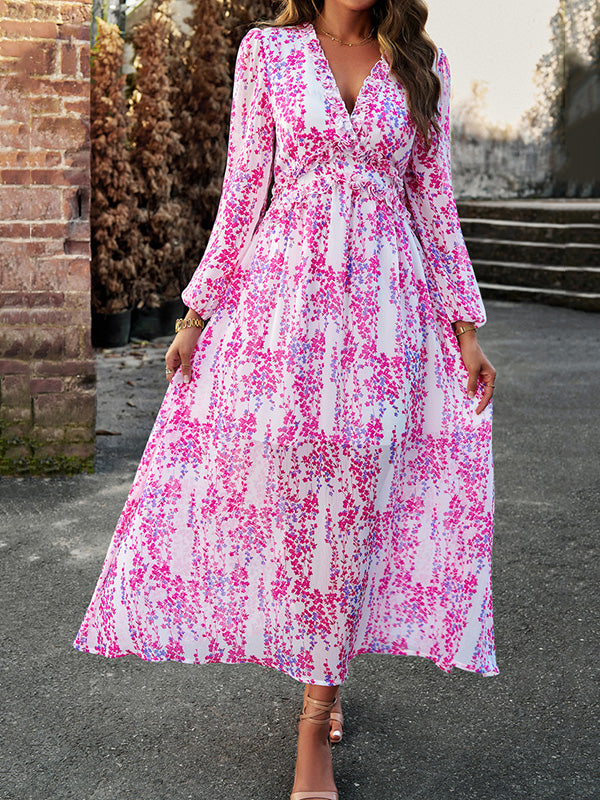 Momentlover Split-Joint Ruffled Flower Print Loose Long Sleeves Deep V-Neck Maxi Dresses