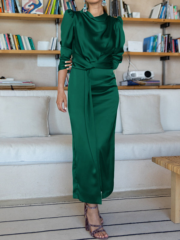 Momentlover Split-Front Solid Color Pleated Long Sleeves High Waisted Mock Neck Maxi Dresses