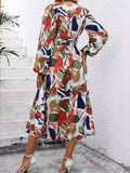 Momentlover Split-Joint Printed Elasticity Puff Sleeves Loose Deep V-Neck Midi Dresses