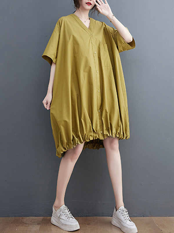 Momentlover Solid Color Short Sleeves Loose V-neck Midi Dresses