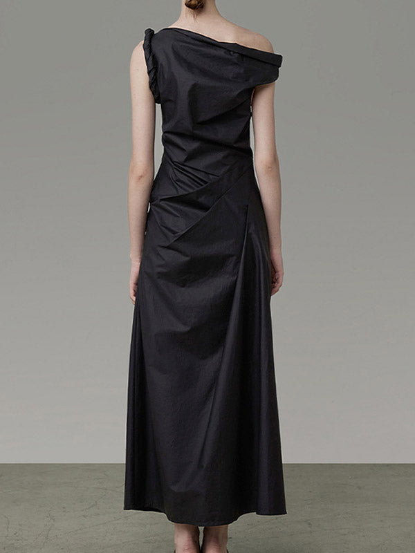Momentlover Solid Color Asymmetric Sleeveless Loose One-Shoulder Midi Dresses