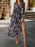 Momentlover Split-Joint Ruffled Flower Print Loose Long Sleeves Deep V-Neck Maxi Dresses
