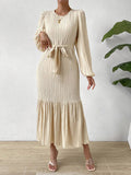 Momentlover A-line Long Sleeves Elasticity Pleated Solid Color Split-Joint Tied Waist Round-neck Midi Dresses