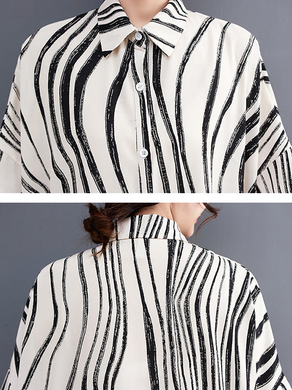 Momentlover Raglan Sleeve Oversize Zebra-Stripe Split-Joint Lapel Midi Dresses Shirt Dress