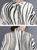 Momentlover Raglan Sleeve Oversize Zebra-Stripe Split-Joint Lapel Midi Dresses Shirt Dress