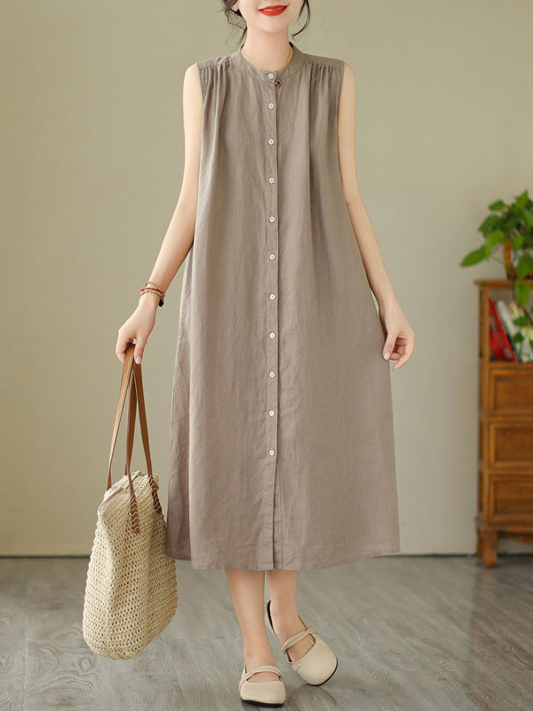 Momentlover Solid Color Pleated Buttoned Sleeveless A-Line Round-Neck Midi Dresses