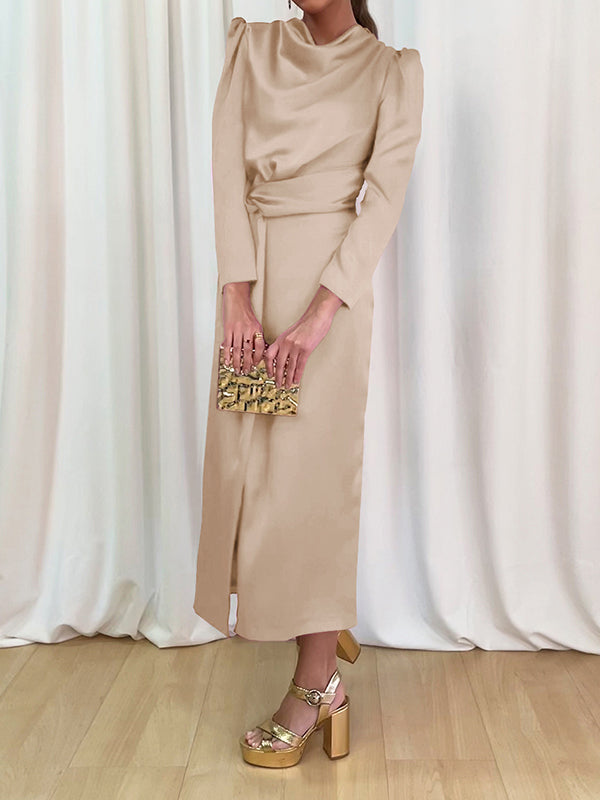 Momentlover Split-Front Solid Color Pleated Long Sleeves High Waisted Mock Neck Maxi Dresses