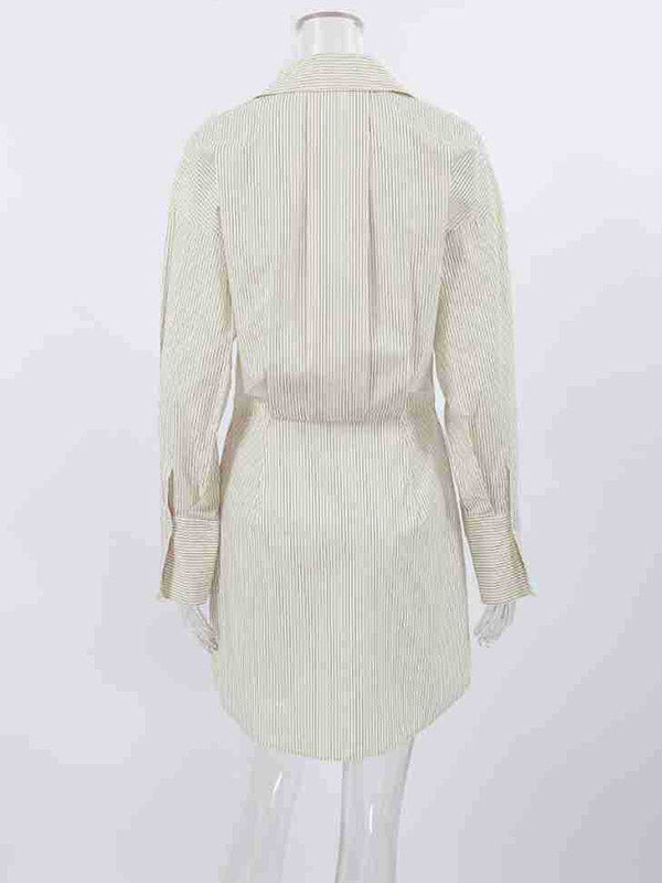 Momentlover Striped Buttoned Loose Long Sleeves Lapel Shirt Dress Mini Dresses