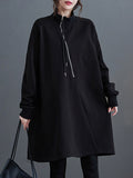 Momentlover Zipper Split-Joint Asymmetric Loose Long Sleeves Mock Neck Sweatershirt Mini Dresses