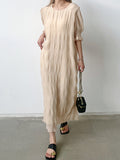 Momentlover Solid Color Pleated Loose Half Sleeves Round-Neck Midi Dresses
