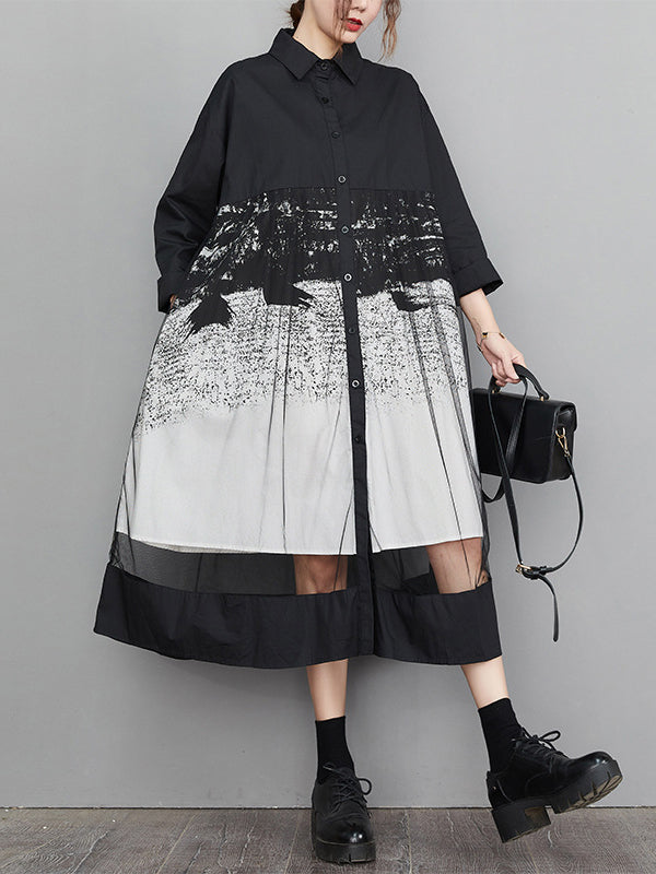 Momentlover Split-Joint Printed Gauze Buttoned Loose Long Sleeves Lapel Midi Dresses