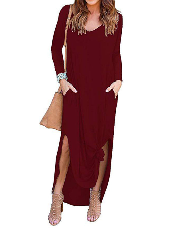 Momentlover Split-Side Solid Color Loose Long Sleeves V-Neck Maxi Dresses