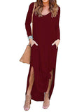 Momentlover Split-Side Solid Color Loose Long Sleeves V-Neck Maxi Dresses