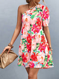 Momentlover Split-Joint Flower Print Short Sleeves Bishop Sleeve One-Shoulder Mini Dresses
