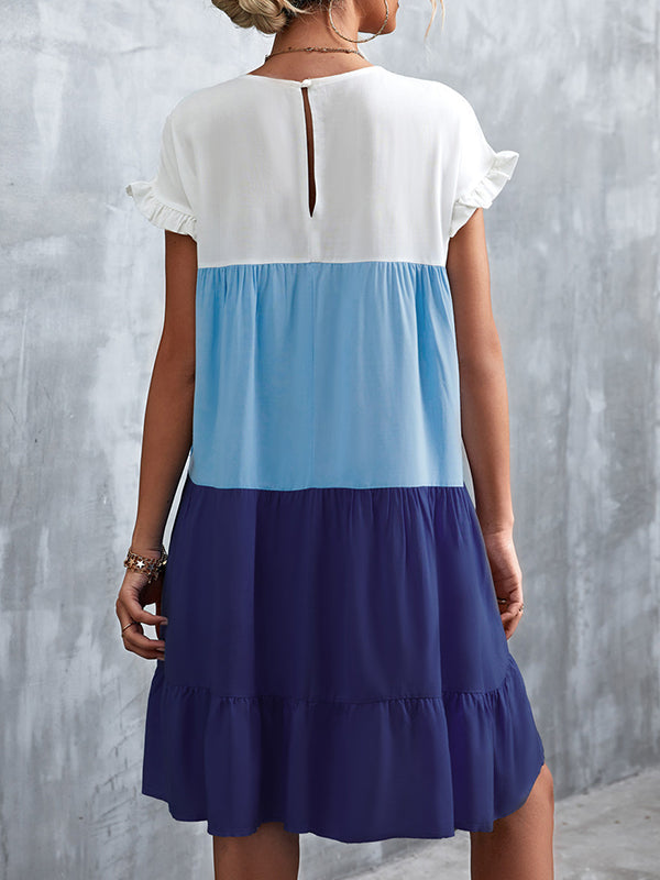 Momentlover Split-Joint Pleated Falbala Contrast Color Ruffle Sleeves Loose Round-Neck Mini Dresses