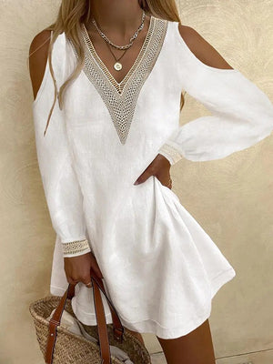 Momentlover Split-Back Hollow Loose Long Sleeves V-Neck Mini Dresses