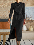 Momentlover Split-Front Solid Color Pleated Long Sleeves High Waisted Mock Neck Maxi Dresses