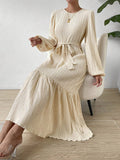 Momentlover A-line Long Sleeves Elasticity Pleated Solid Color Split-Joint Tied Waist Round-neck Midi Dresses