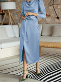 Momentlover Split-Front Solid Color Pleated Long Sleeves High Waisted Mock Neck Maxi Dresses