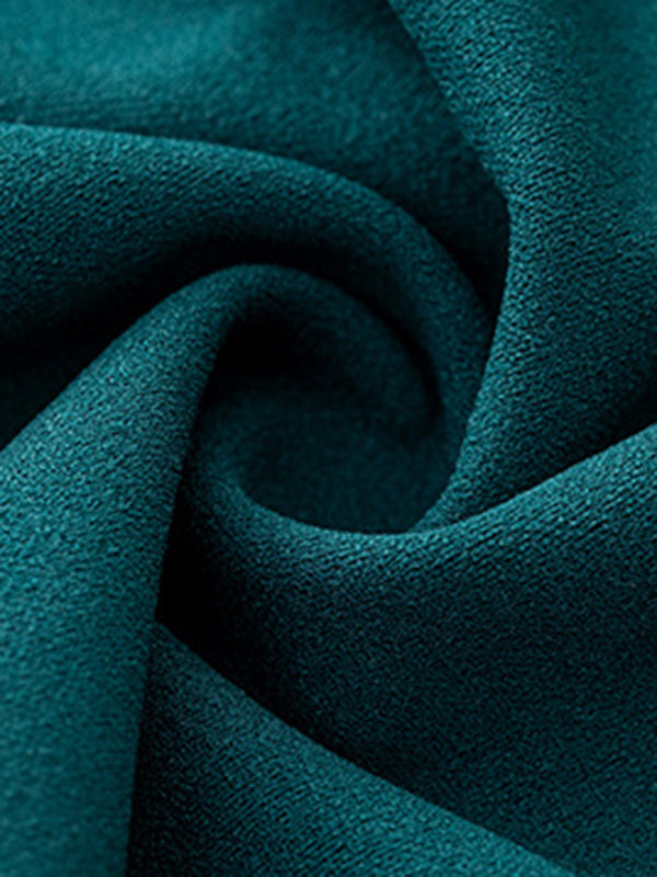 Momentlover Split-Joint Solid Color Pleated Skinny Puff Sleeves V-Neck Midi Dresses